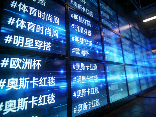 社交媒体大屏幕墙，实时显示来自全球各地关于体育时尚、明星动态的热门话题标签
