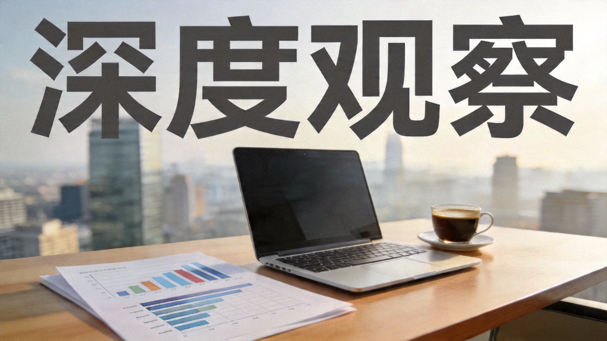 深度观察专栏主视觉图：一张现代办公桌，上面摆放着数据分析报告、笔记本电脑和一杯咖啡，背景是模糊的城市天际线