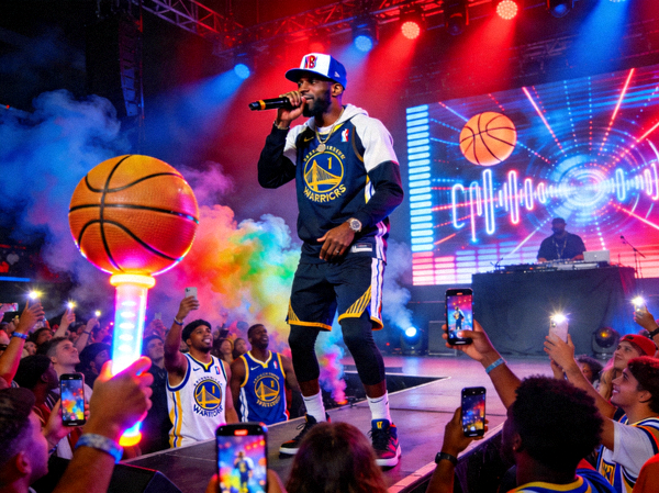一位NBA球星在音乐节舞台上表演说唱，台下是沸腾的观众，体育与娱乐元素交织
